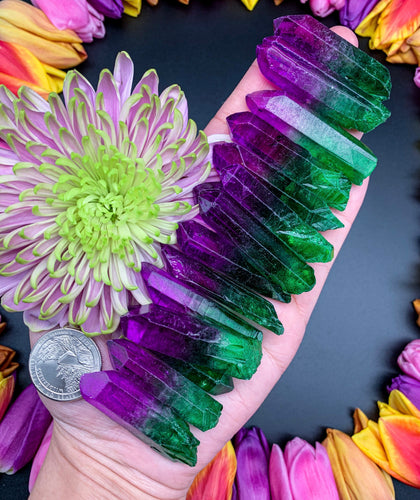 1.25-1.5” Purple and Green Aura Coated Quartz Point